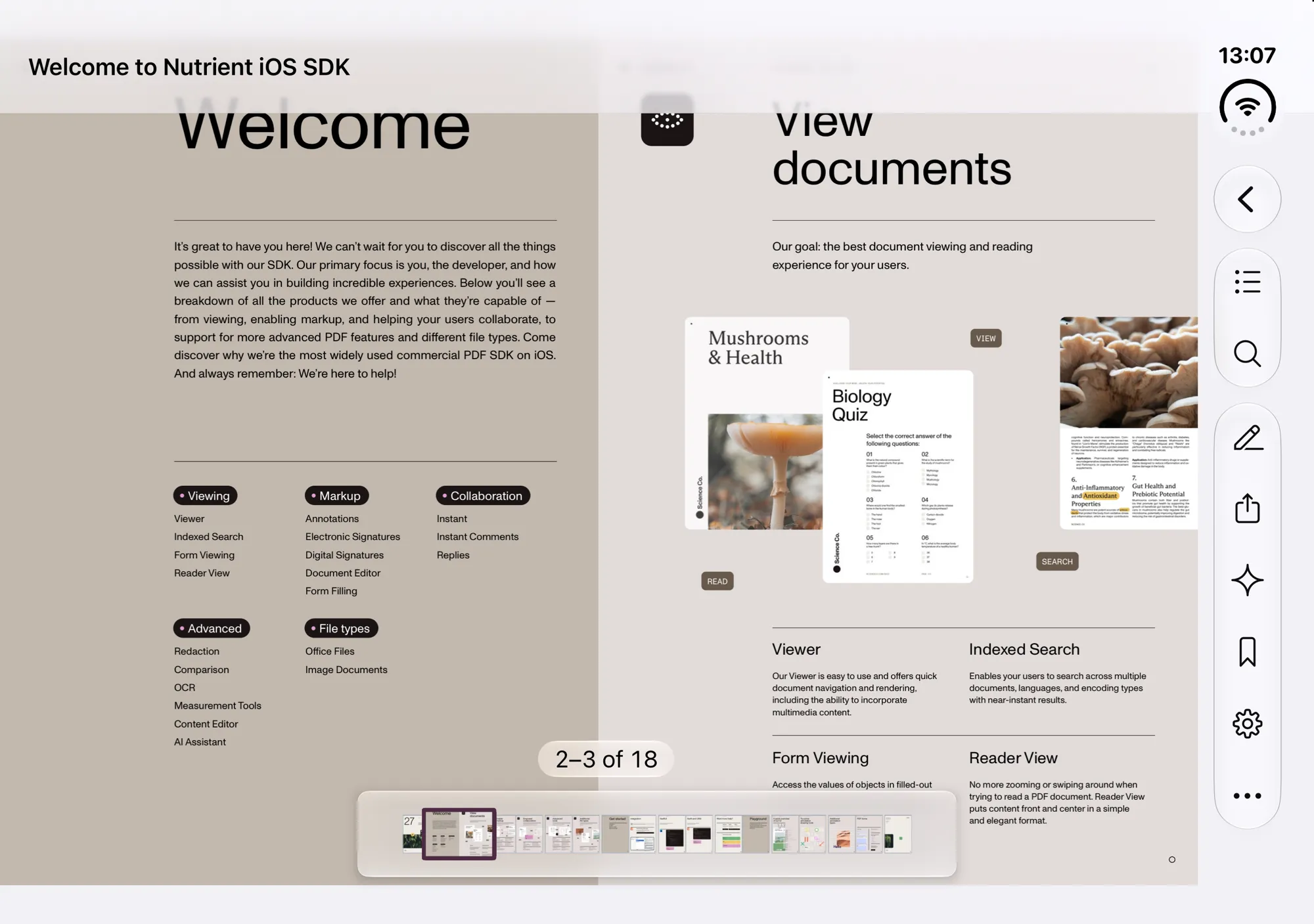 Screenshot of Nutrient iOS SDK 27.1 on an unfolded iPhone Duo in landscape, showing a two-page spread with the vertical toolbar on the right and the scrubber bar and page label centered within the safe area.