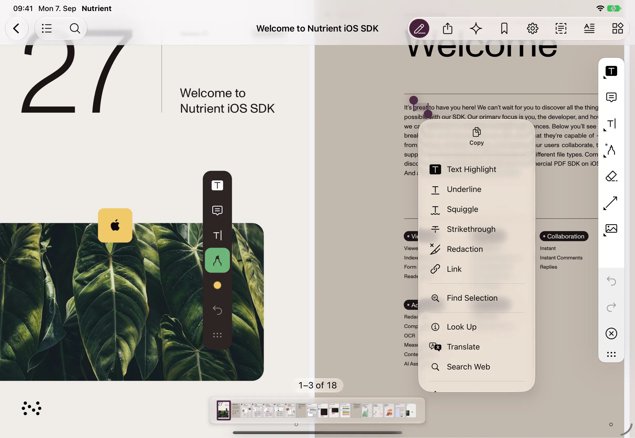 Screenshot of Nutrient iOS SDK 27 on iPad running iOS 27, showing the hard scroll edge effect below the navigation bar, the annotation toolbar, and the text selection menu.