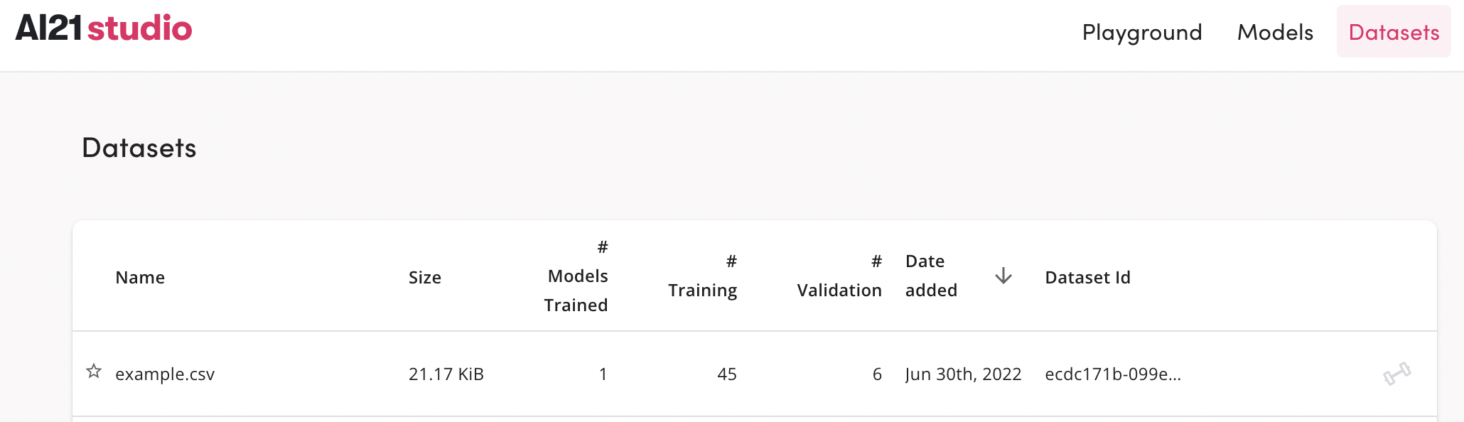 Screenshot of an uploaded dataset in AI21 Studio