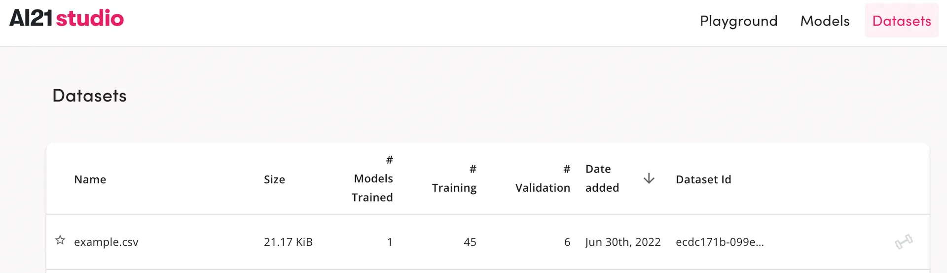 Screenshot of an uploaded dataset in AI21 Studio