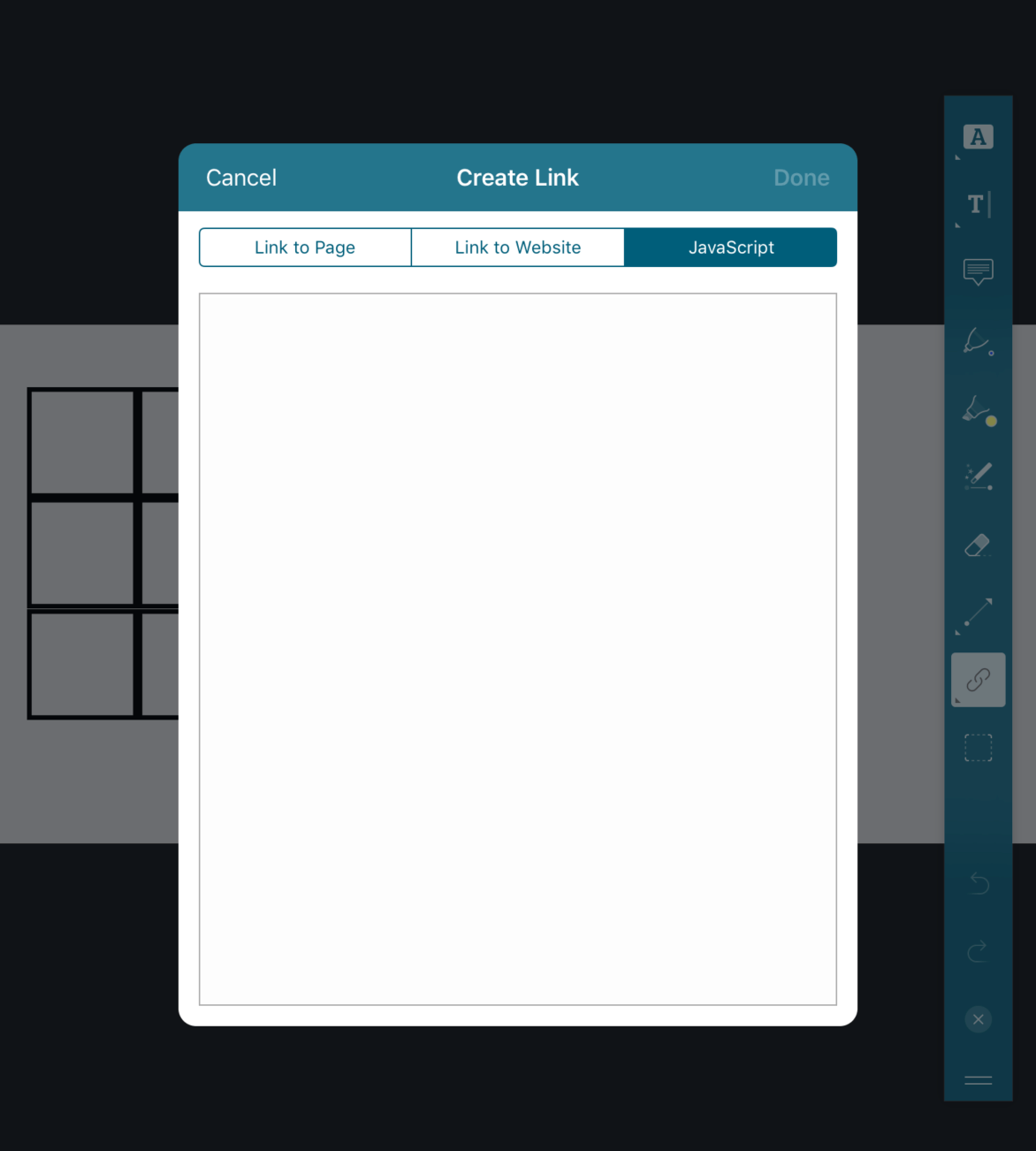Screenshot showing the JavaScript link creation tab