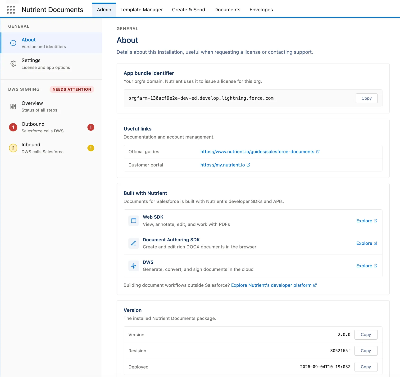 Nutrient Admin About page showing the app bundle identifier, useful links, and package version