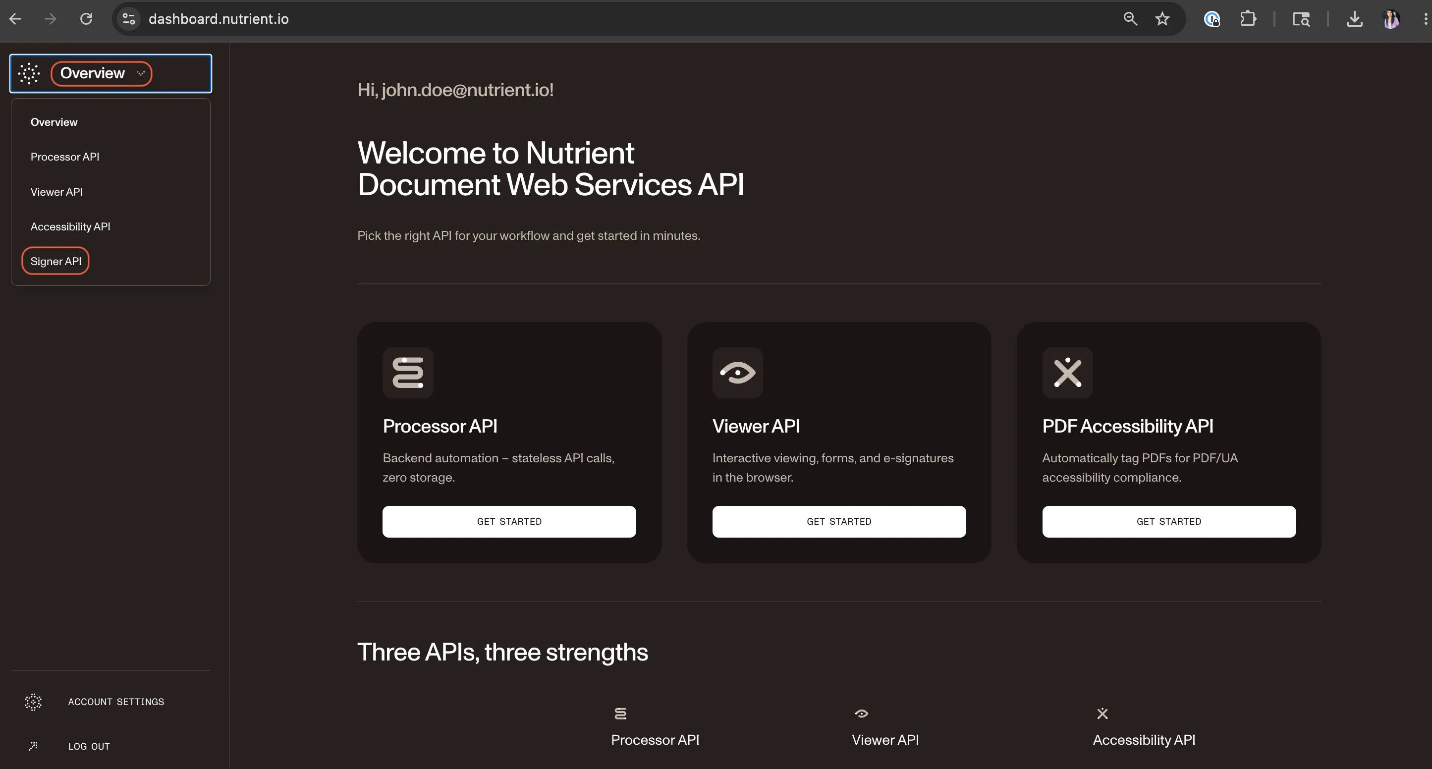 DWS Signer dashboard showing Signer API selected in the upper-left navigation
