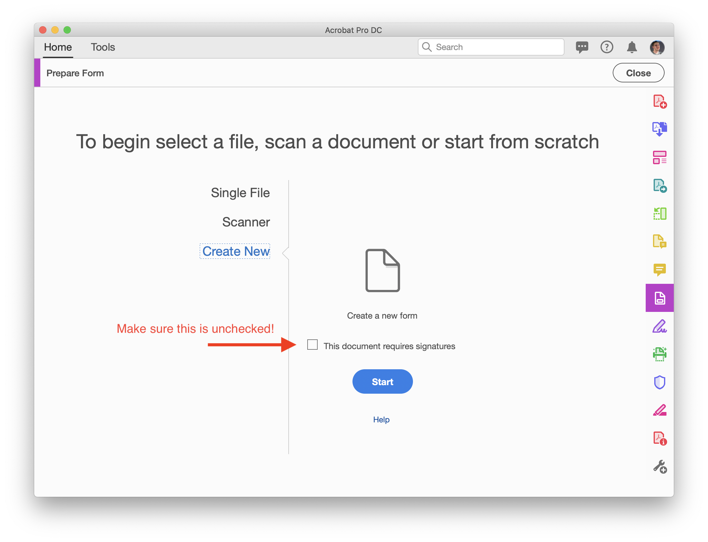Adobe Acrobat DC Create Form Dialog
