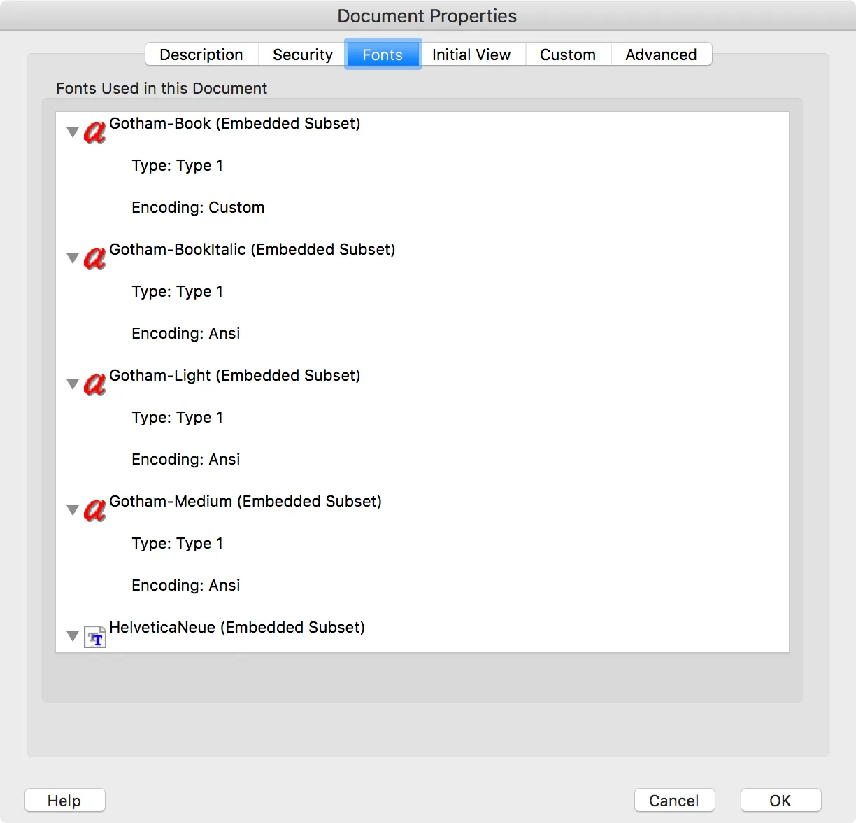 Acrobat Properties - Fonts