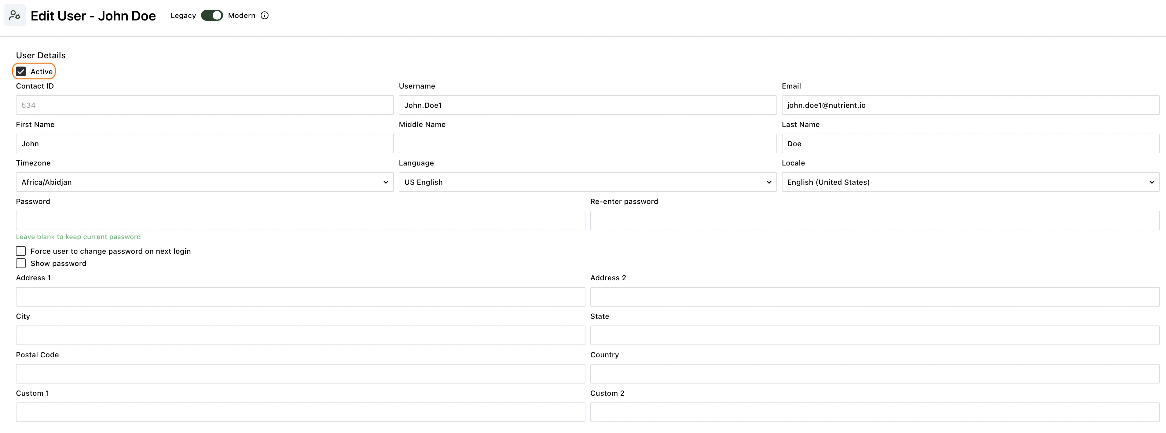 Active checkbox highlighted on the user detail page