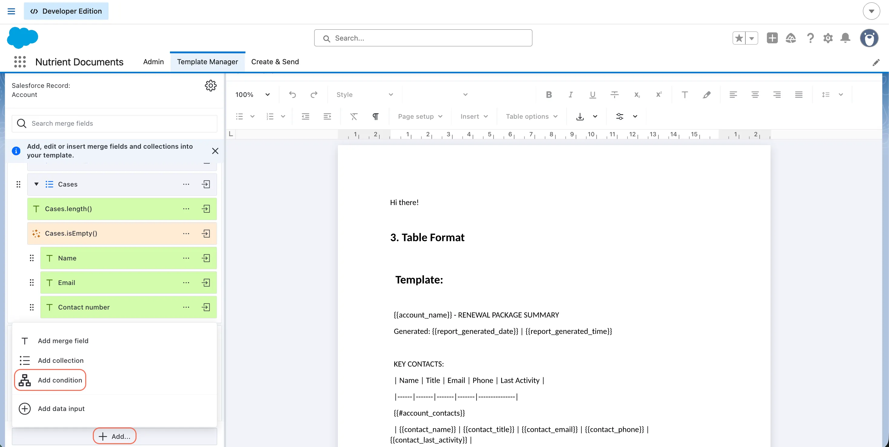 Dataset sidebar in Template Manager showing the Add menu and Add condition option