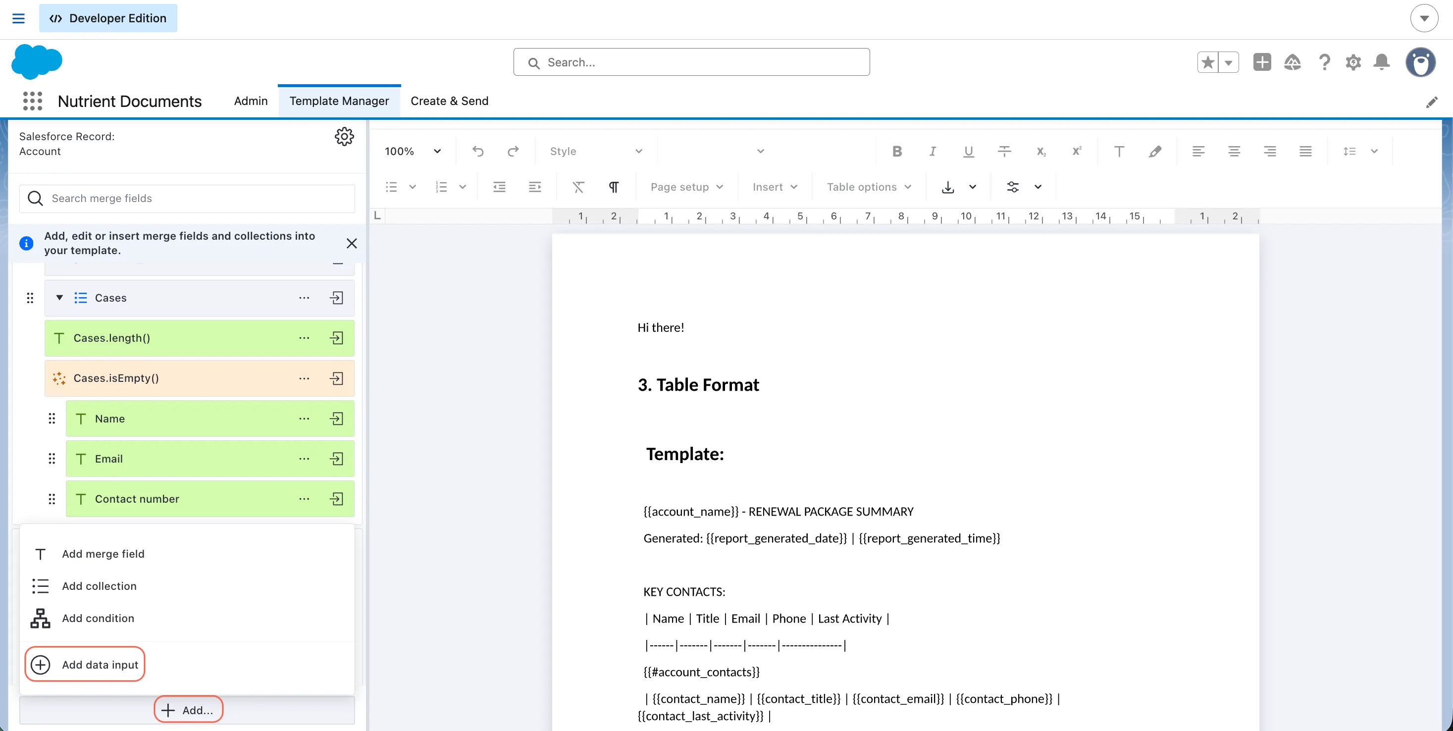 Dataset sidebar in Template Manager showing the Add menu and Add data input option