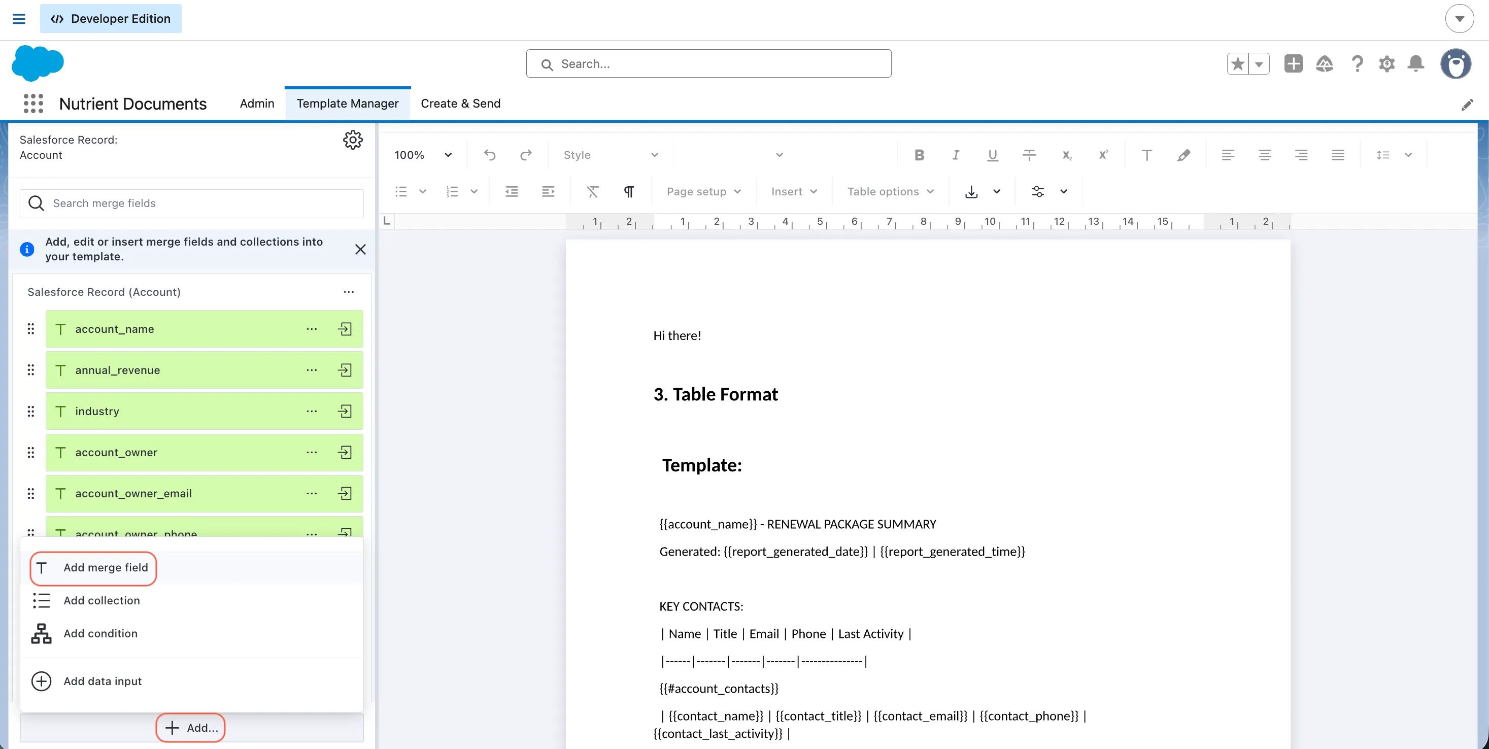 Dataset sidebar in Template Manager showing the Add menu and Add merge field option