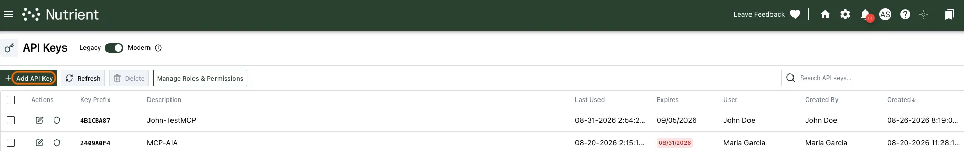 Add API Key button highlighted