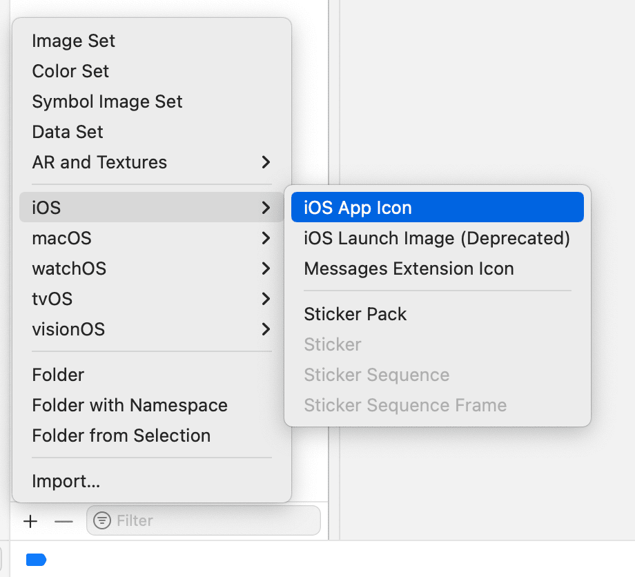 Screenshot of menu item for adding a new app icon in an asset catalog