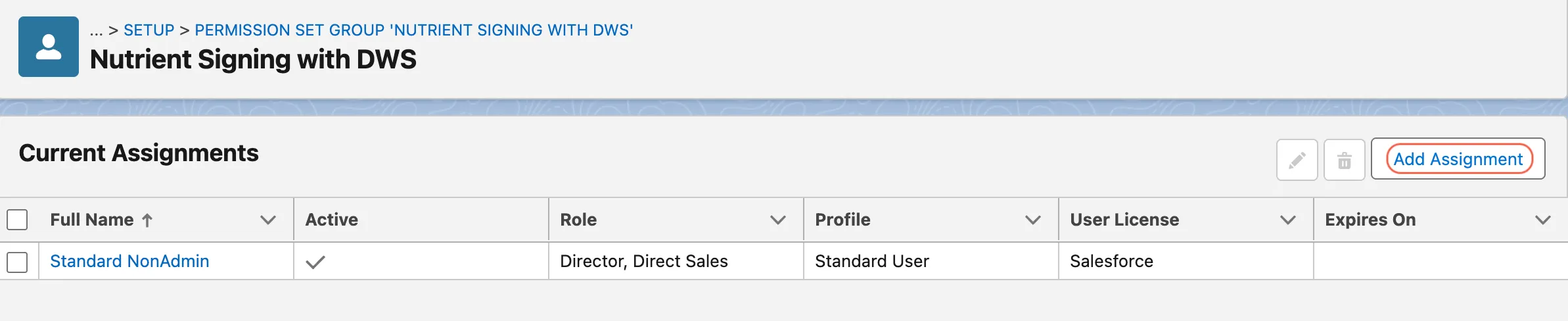 Manage Assignments page showing the Add Assignment button