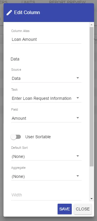 Add Column dialog with process and field selection options