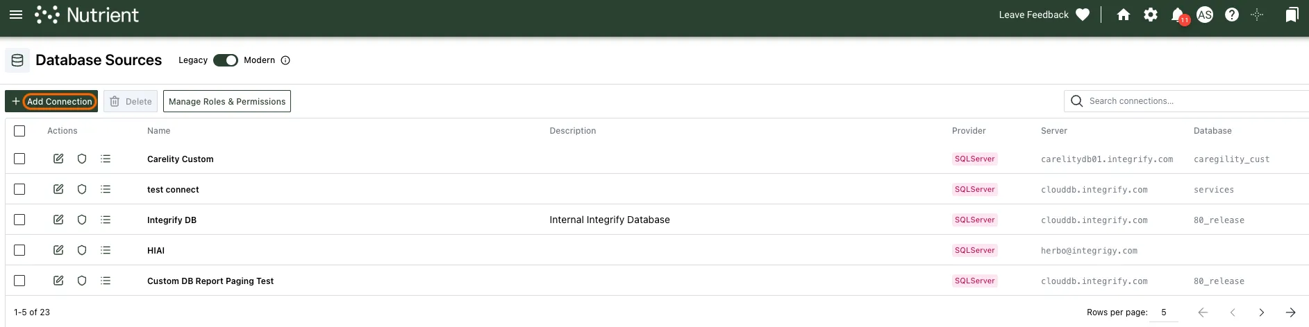 Database Sources page showing the Add Connection option