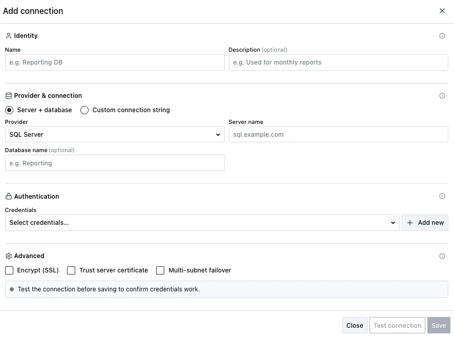 Add Connection dialog for a database source
