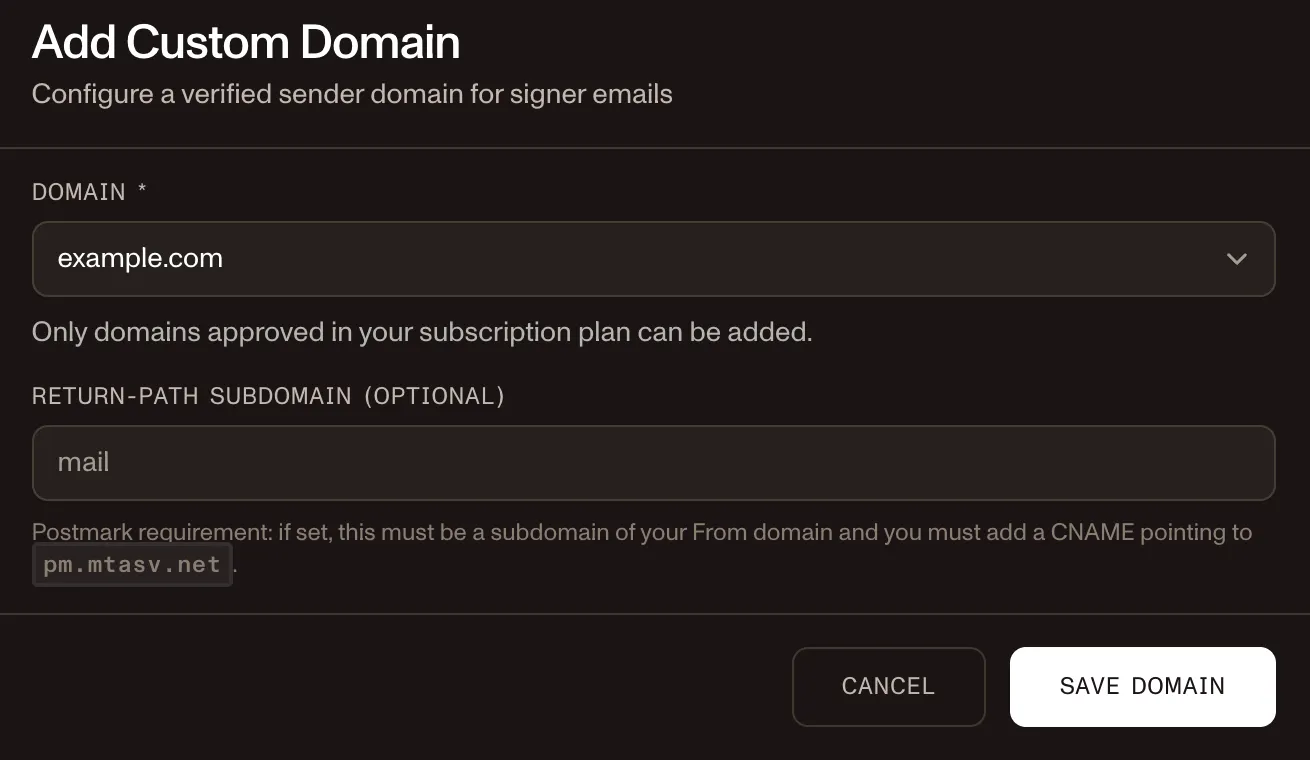 Add Custom Domain screen showing domain and return-path settings