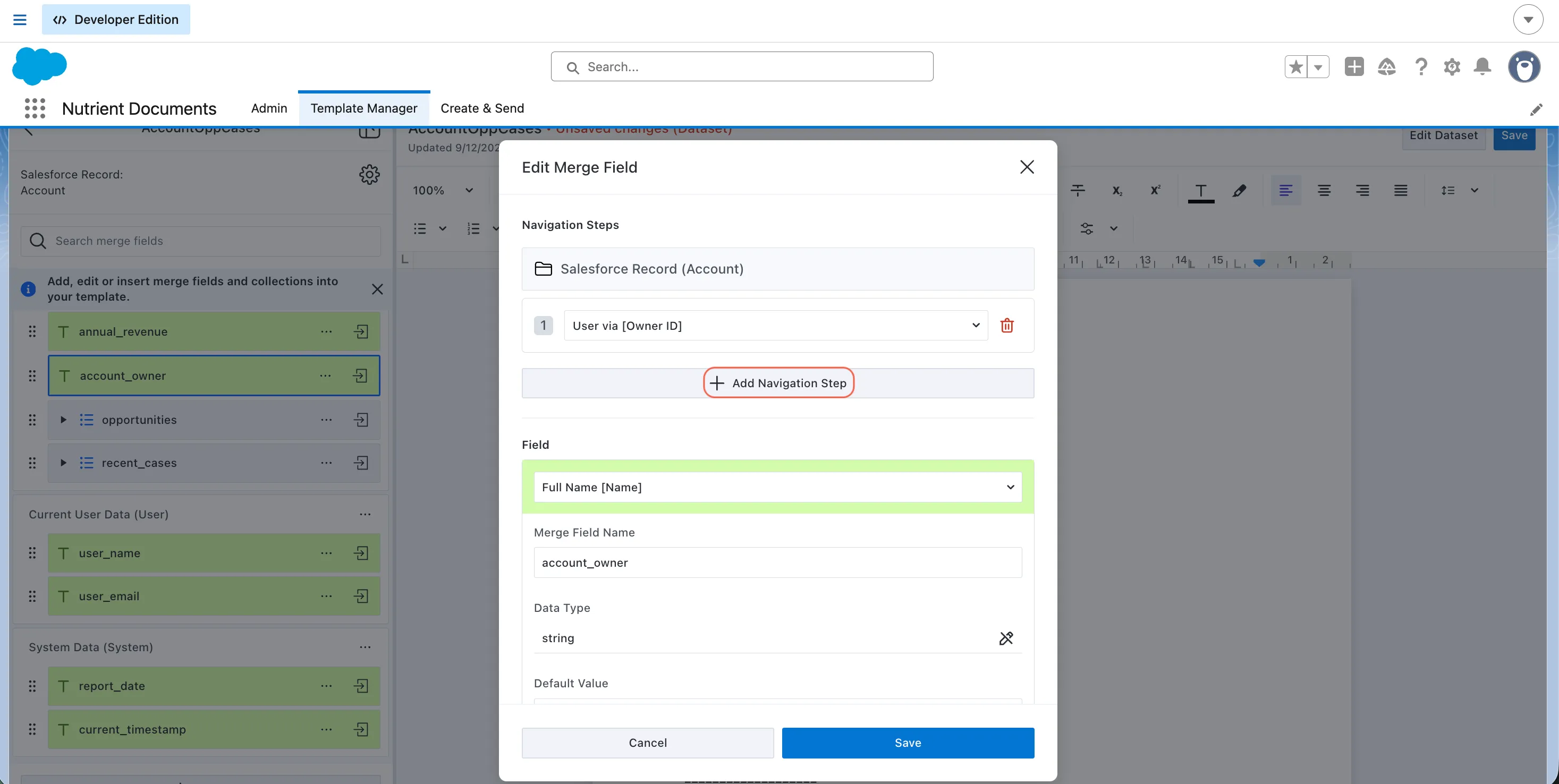Edit Merge Field dialog in Template Manager showing the Add Navigation Step button
