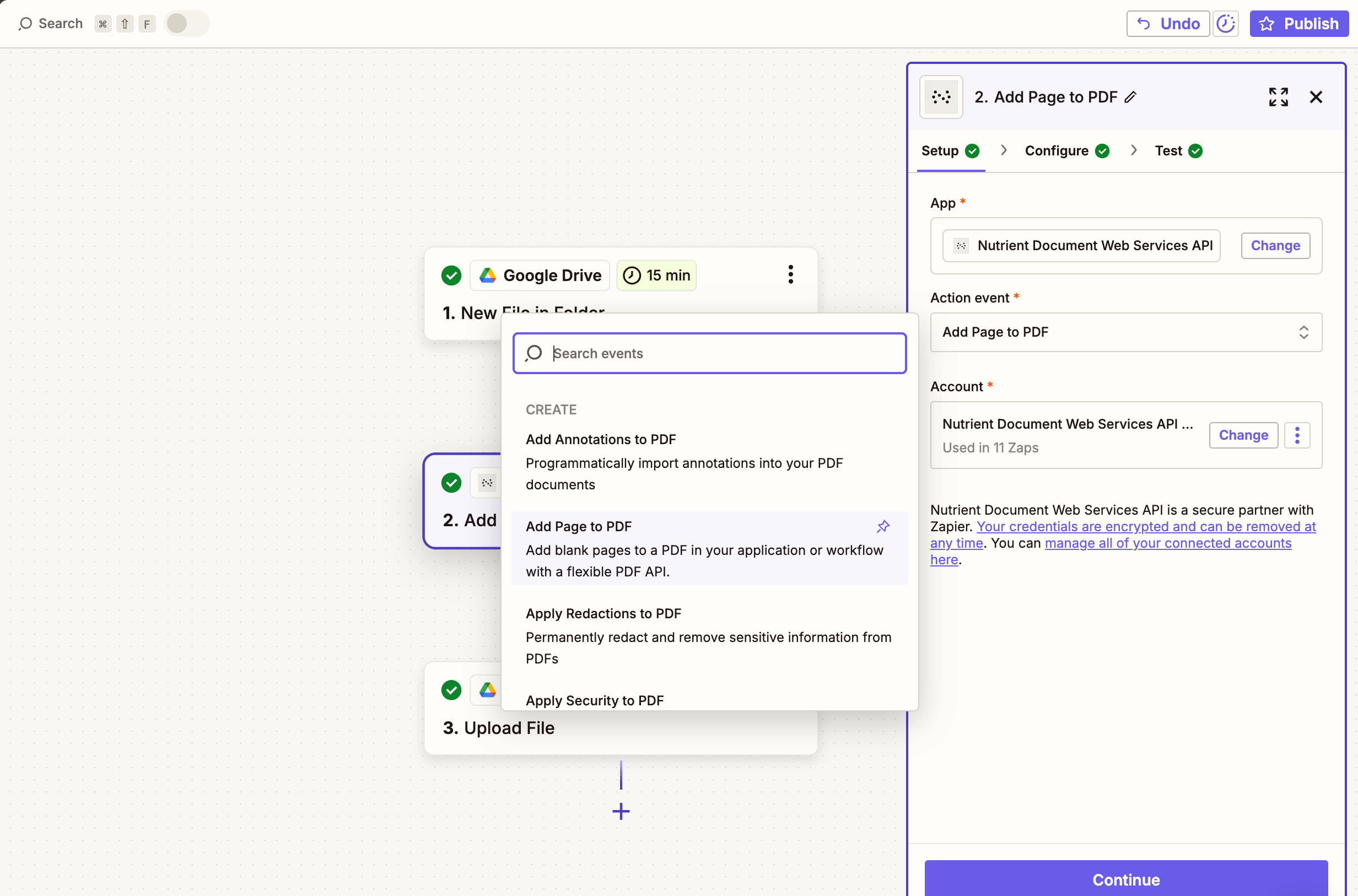 Choose the Add Page to PDF action