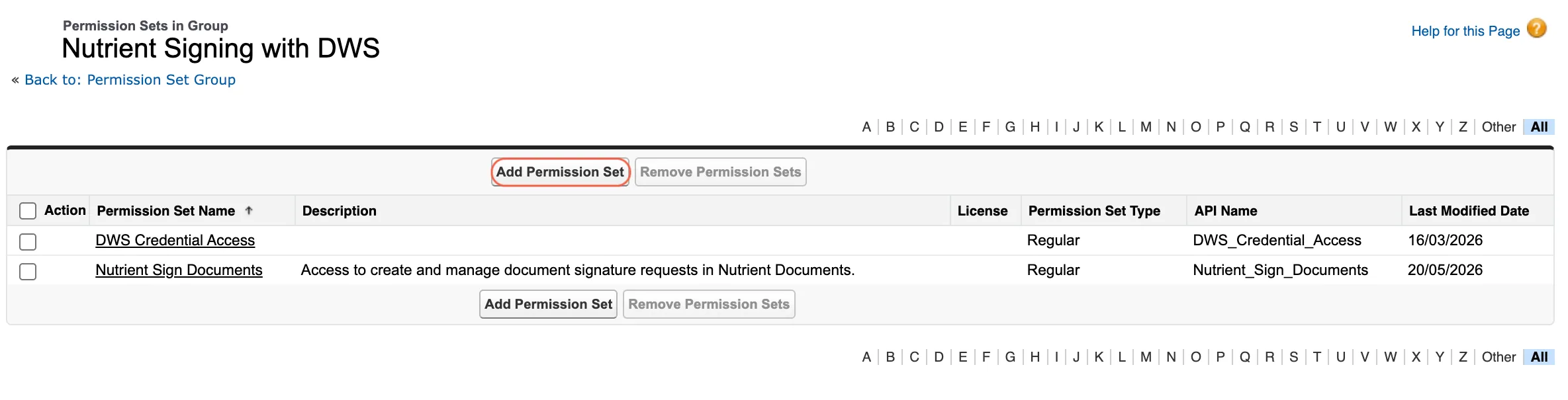 Permission Sets in Group page showing the Add Permission Set button