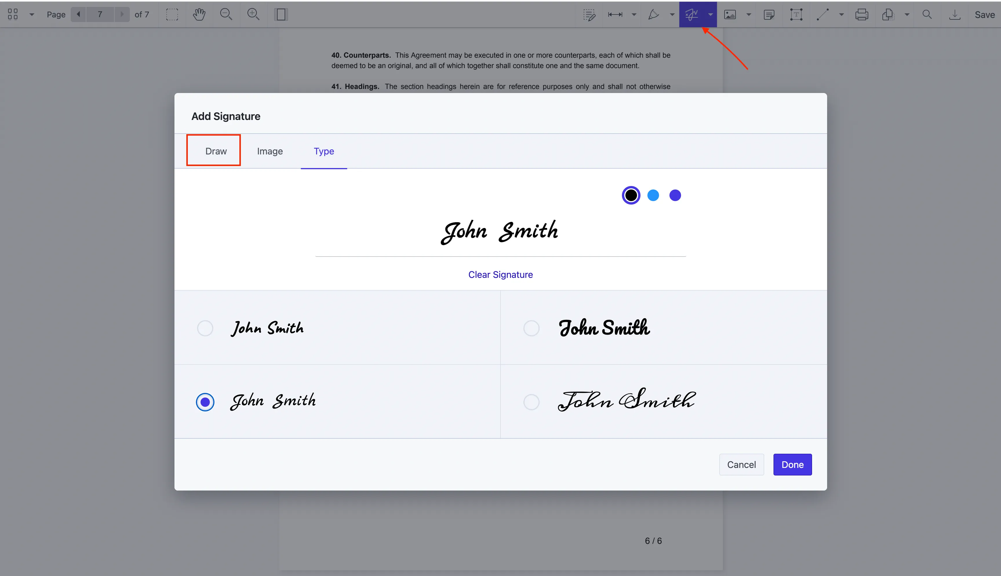 Type signatures in PDF