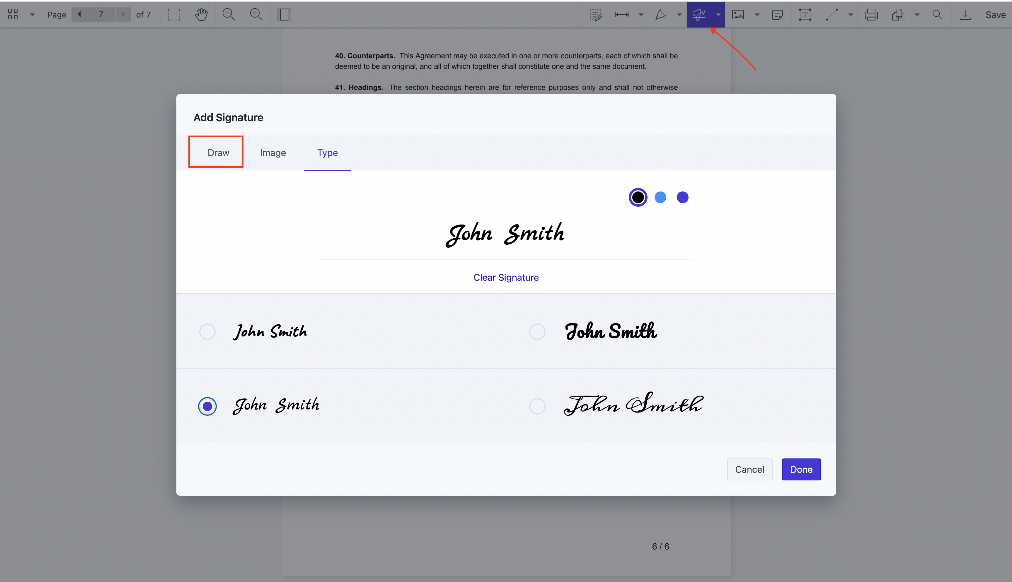 Type signatures in PDF