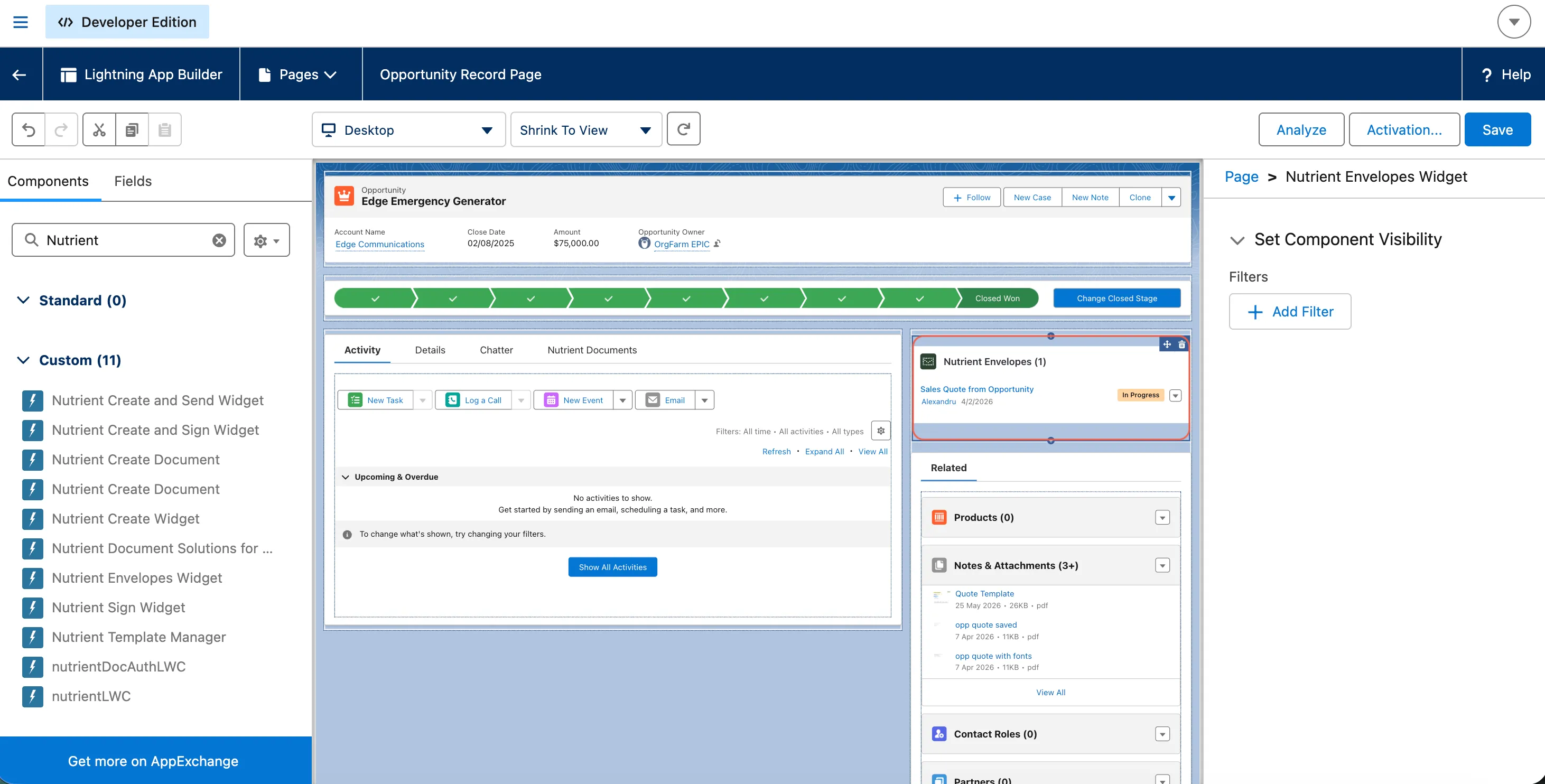 Lightning App Builder showing the Nutrient Envelopes Widget placed on a Salesforce record page