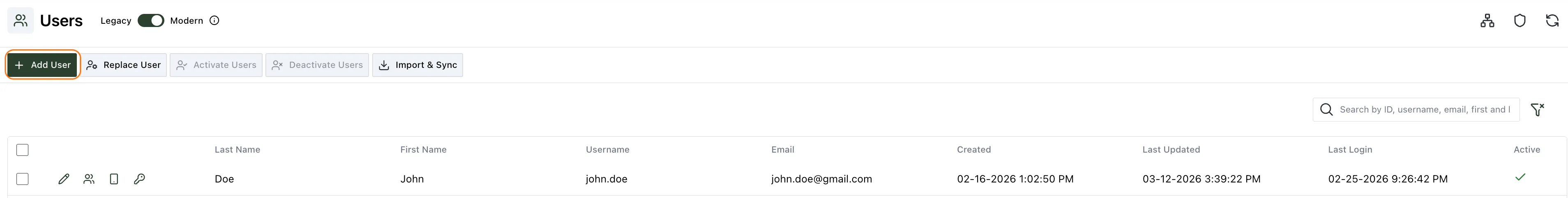 Users list with the Add User button highlighted