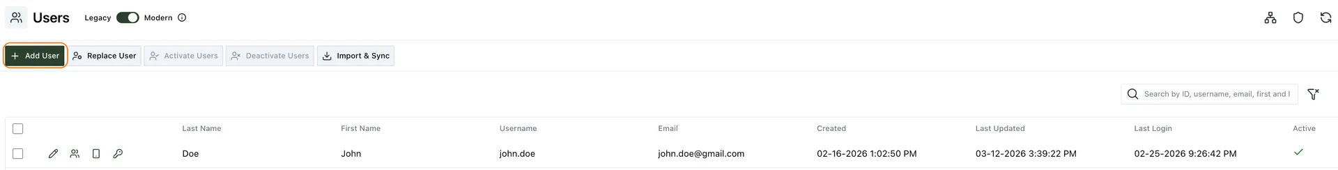 Users list with the Add User button highlighted