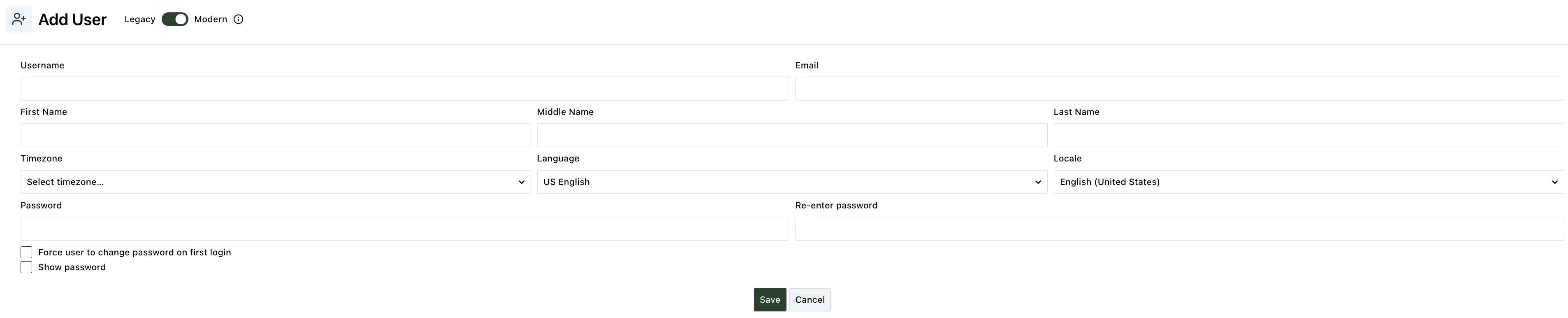 Add User screen with user profile fields