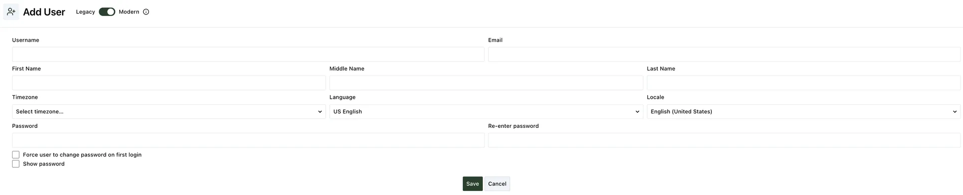Add User screen with user profile fields