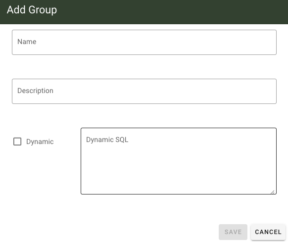 Add Group form with Group Name, Description, and Dynamic options
