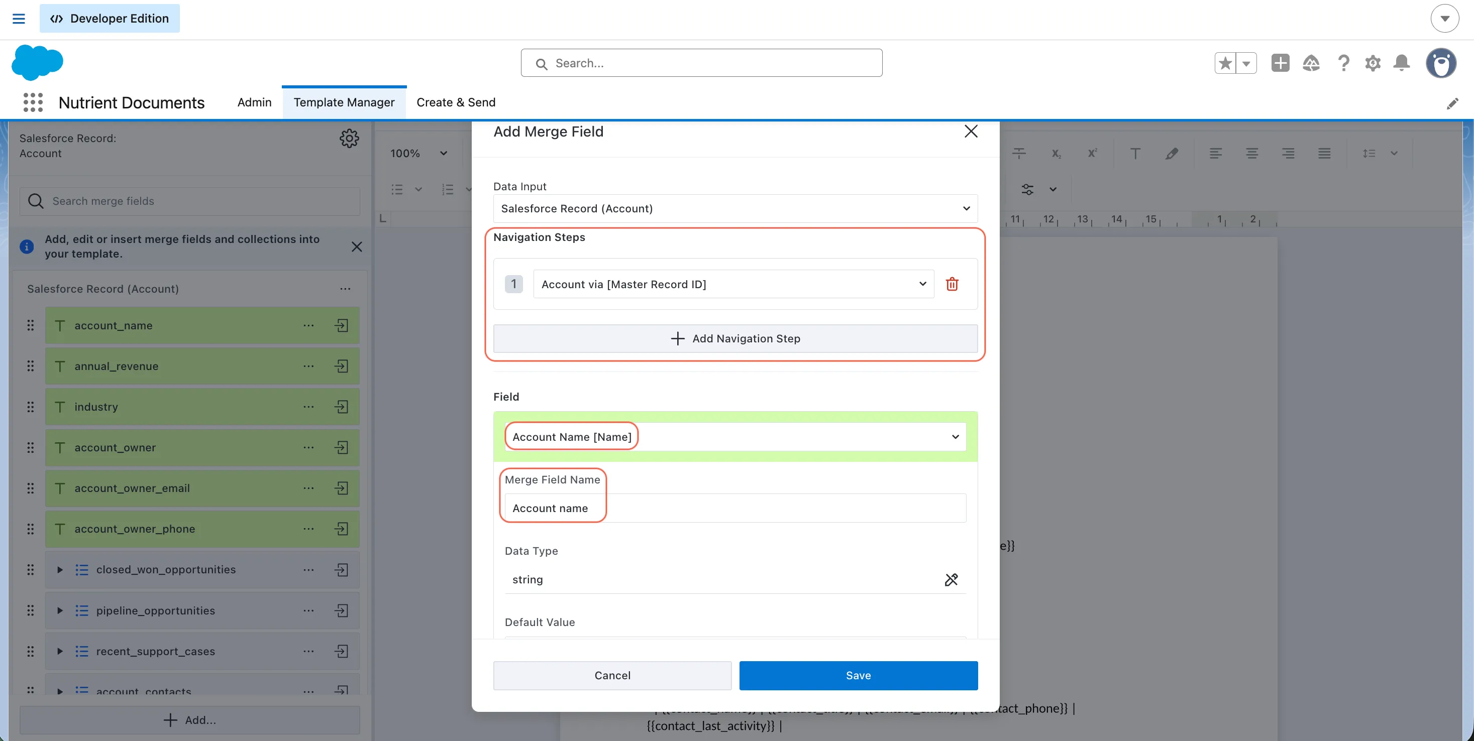 Add merge field dialog in Template Manager showing data input selection, field navigation, and placeholder name