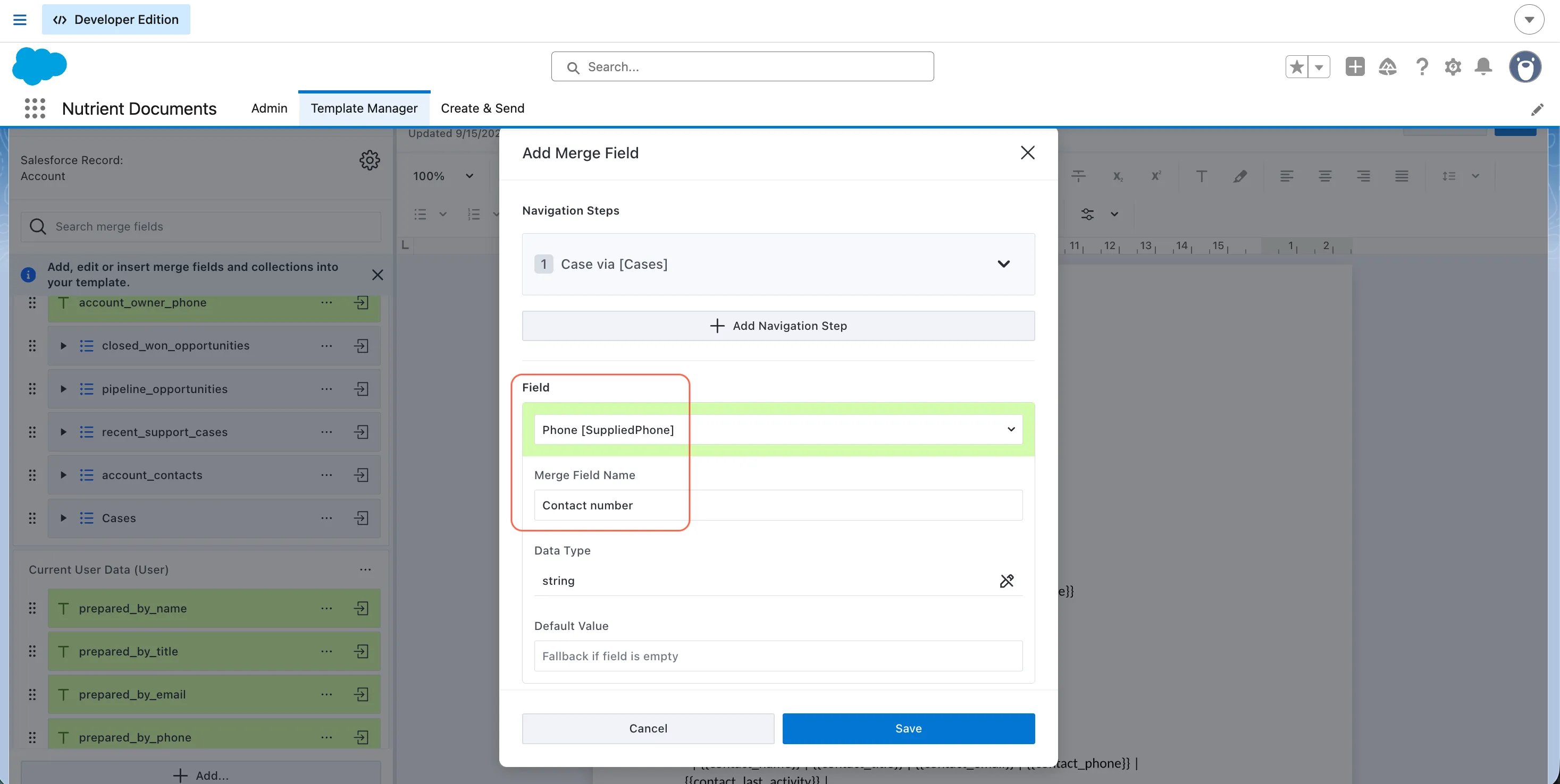 Add merge field dialog in Template Manager showing a field being added inside a collection