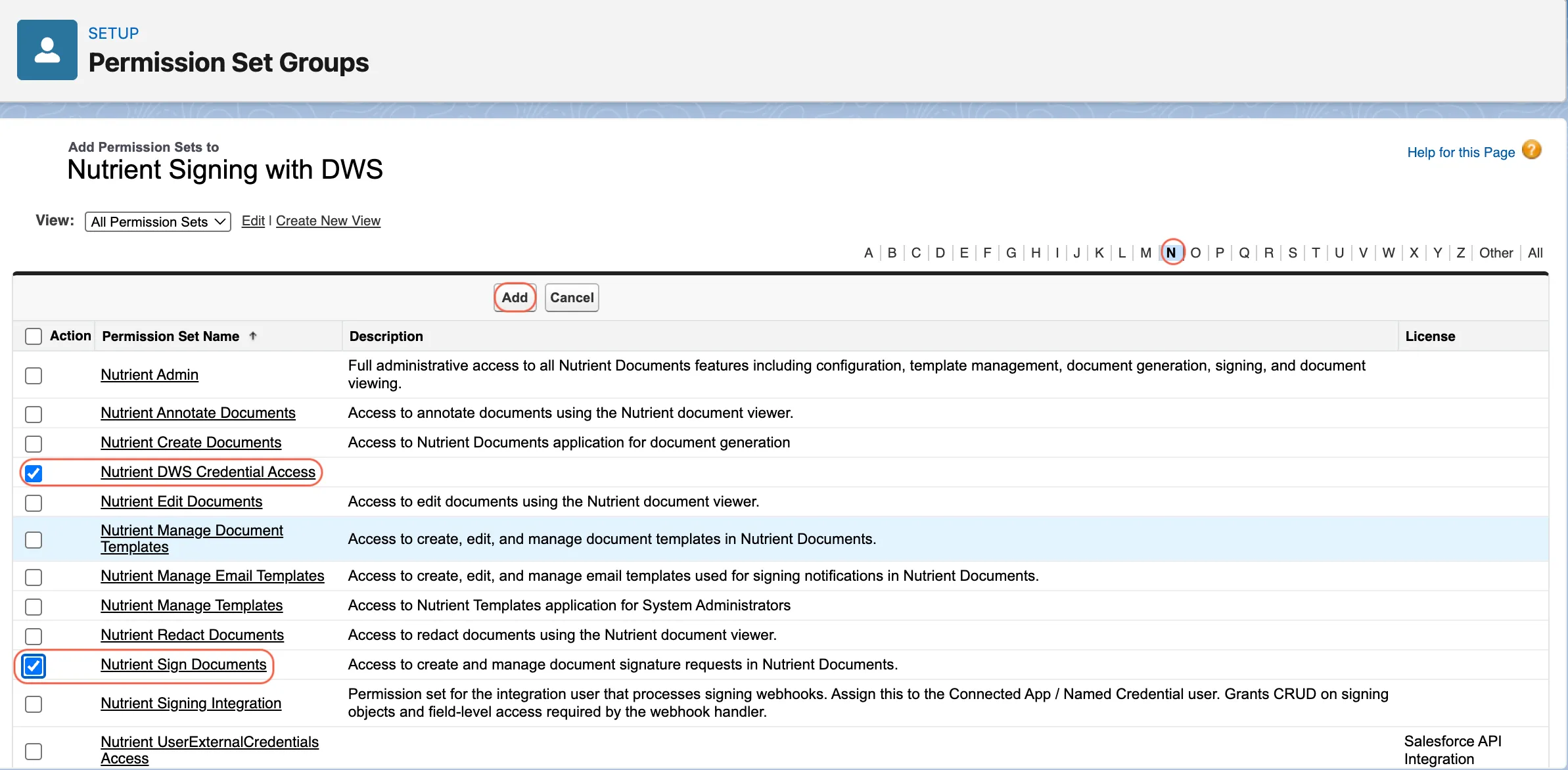 Permission Sets in Group page showing Nutrient permission sets being added