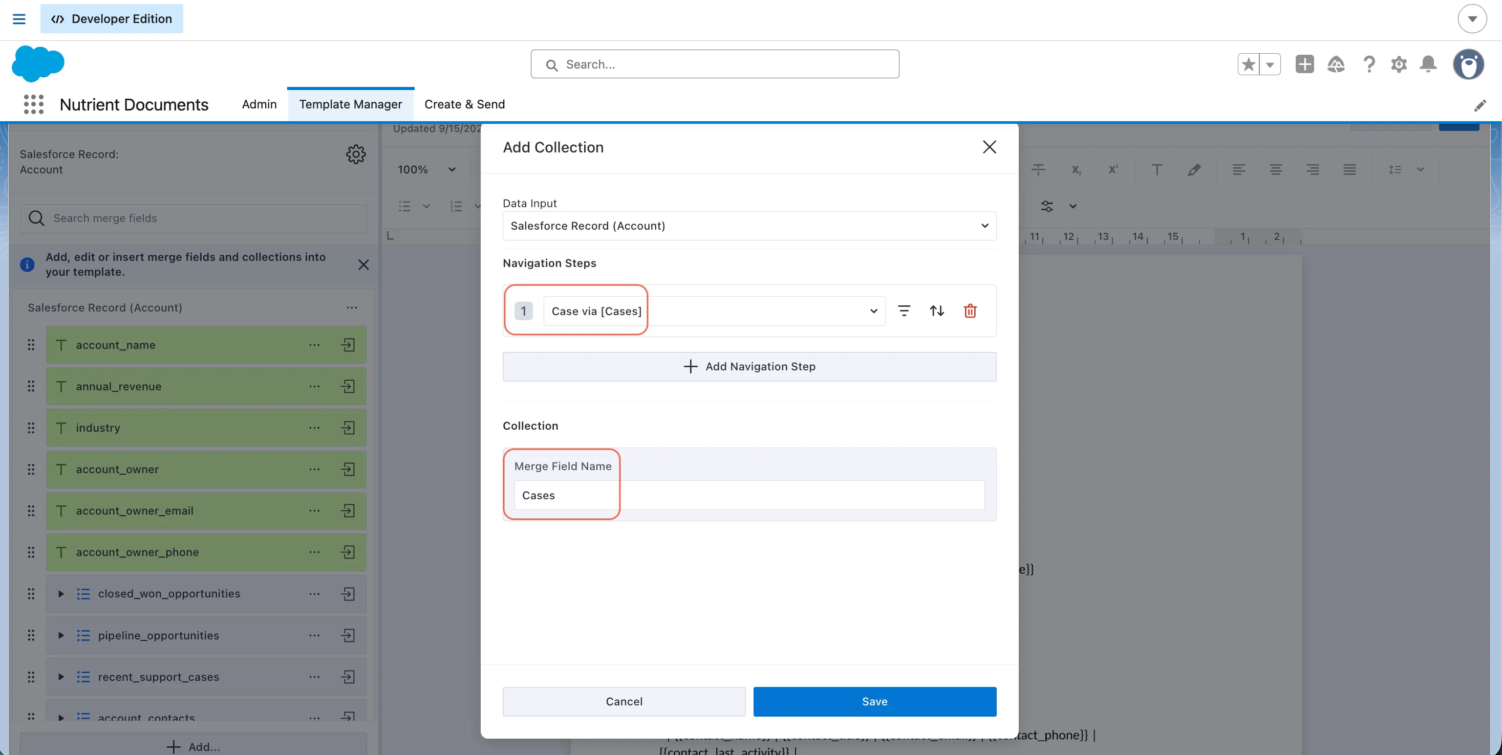 Add Collection dialog in Template Manager showing related records selected for the collection