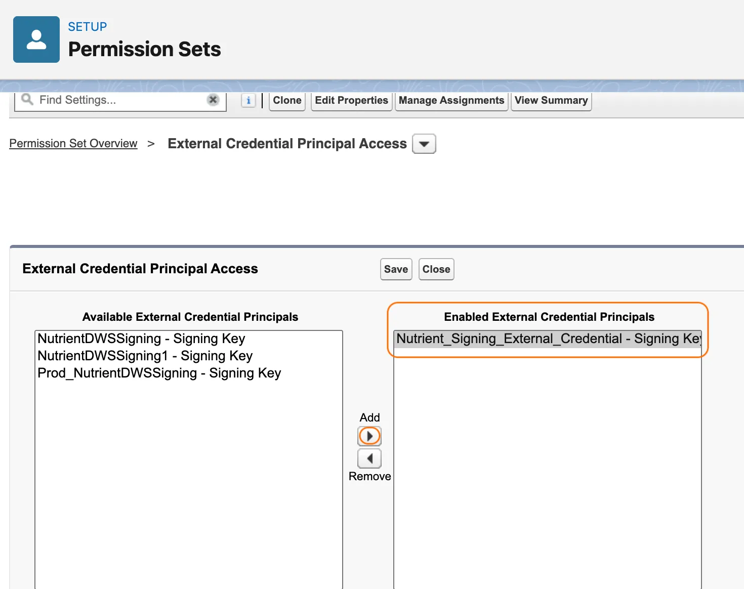 Edit External Credential Principal Access screen showing the DWS signing principal enabled