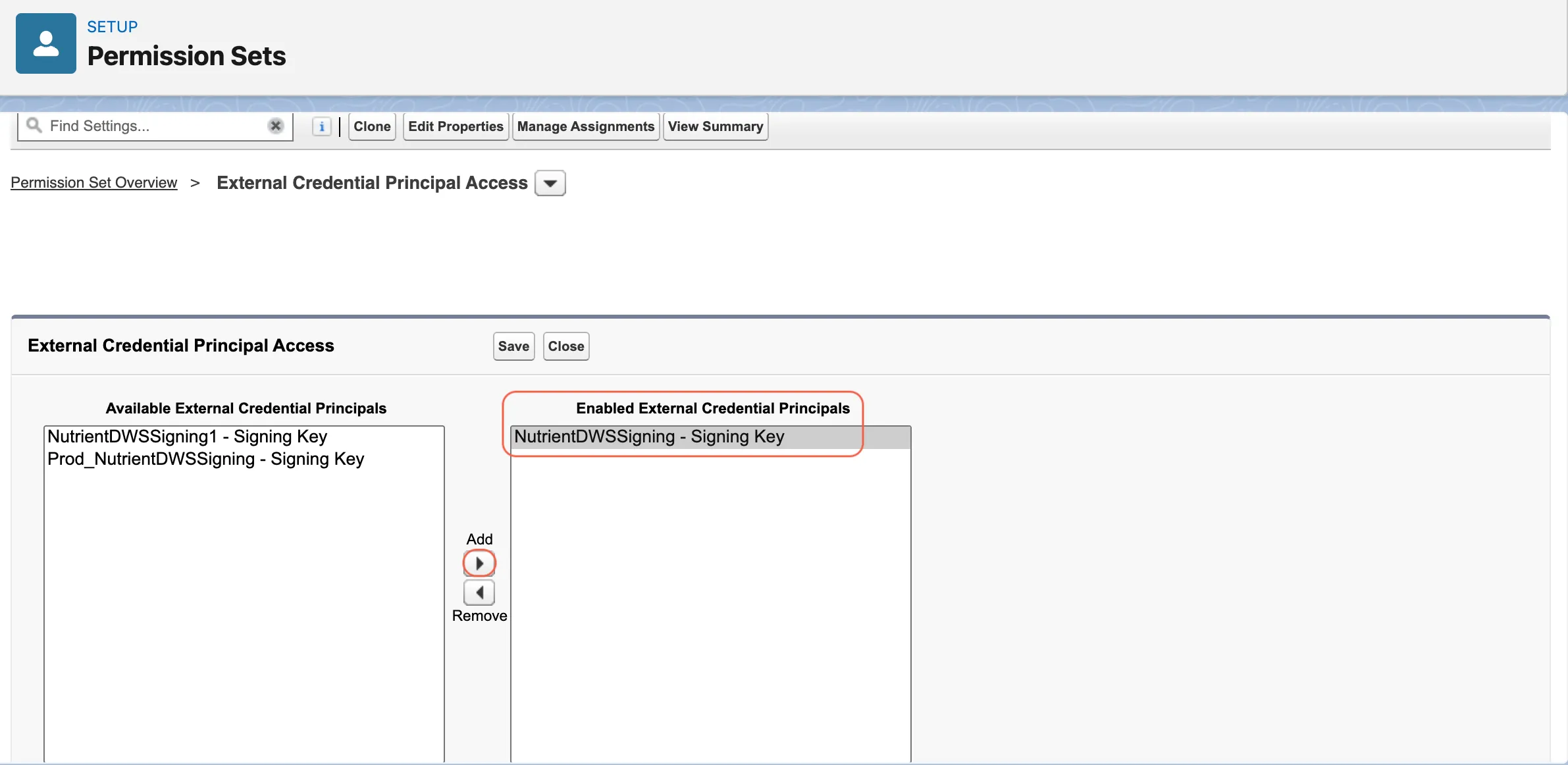 Edit External Credential Principal Access screen showing NutrientDWSSigning enabled
