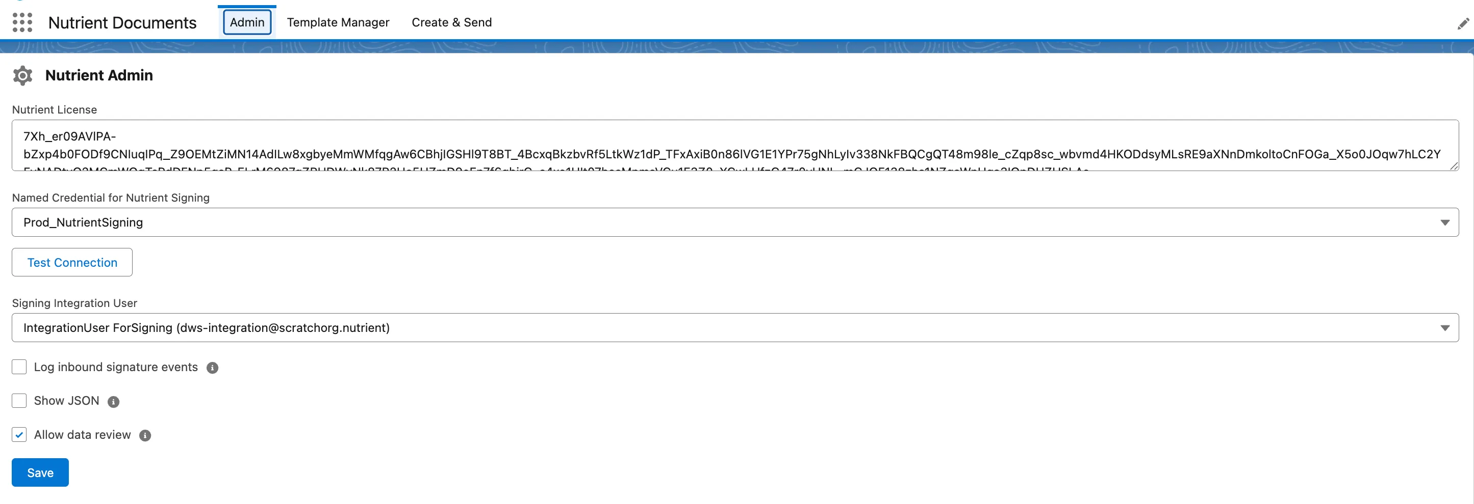 Nutrient Admin tab in Salesforce showing the license field and Allow data review setting