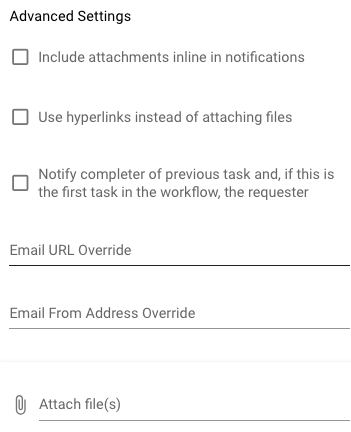 Advanced Settings panel with Include attachments in notification checkbox option