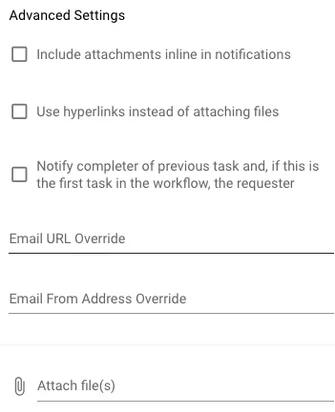 Advanced Settings panel with Include attachments in notification checkbox option