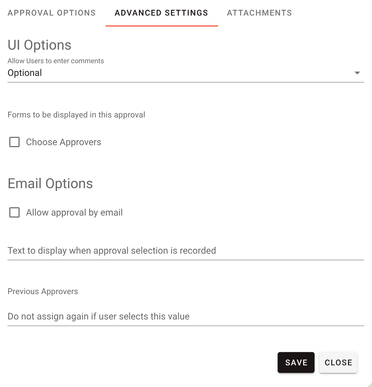 Advanced settings tab showing UI options, email options, and Completed Form PDF options