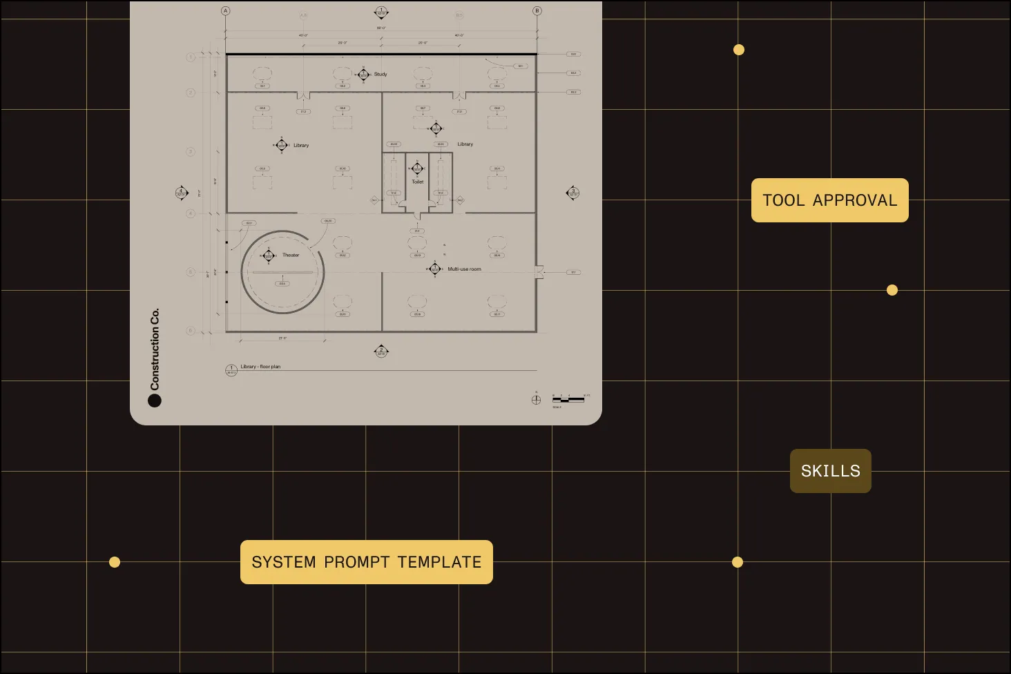 Agent configuration panel showing system prompt, seed messages, tool approval and skills settings