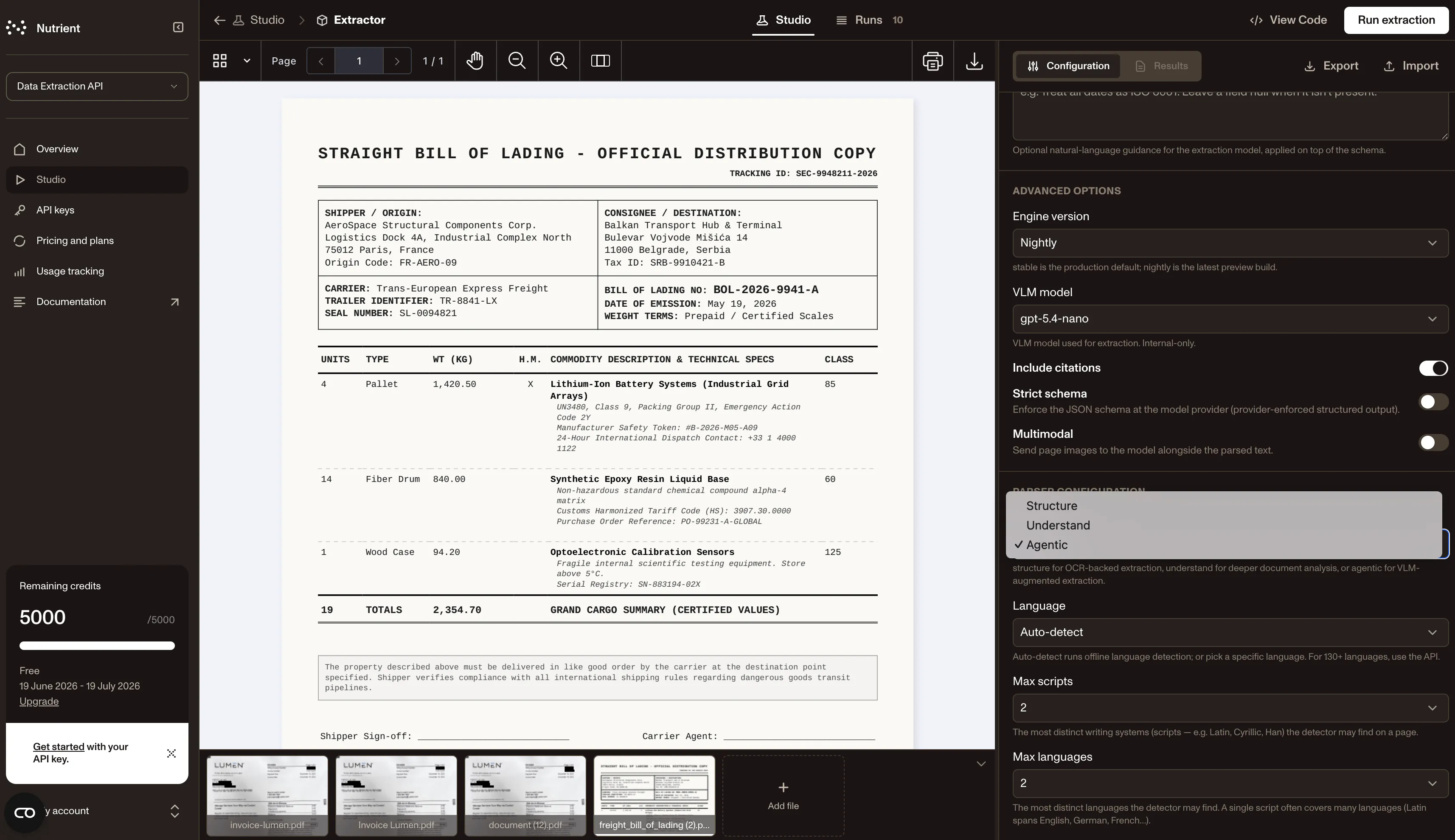 Screenshot of handwritten medical registration form showing parse mode picker in Nutrient Data Extraction API Studio.