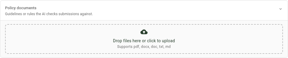 Policy documents card expanded showing the upload drop zone