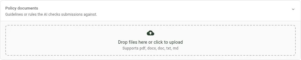Policy documents card expanded showing the upload drop zone