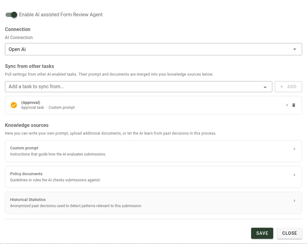 Form Review configuration tab showing AI connection, sync section, and three collapsed knowledge source cards