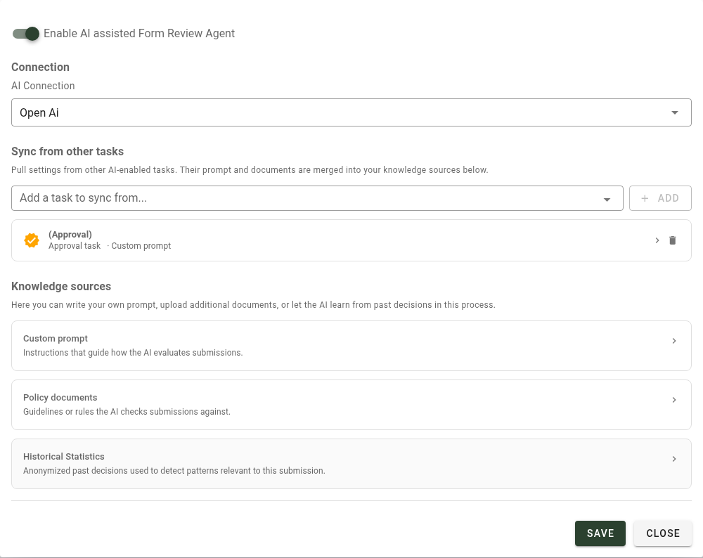 Form Review configuration tab showing AI connection, sync section, and three collapsed knowledge source cards