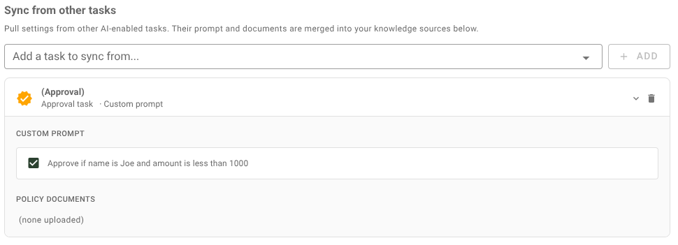 Synced approval task card showing the custom prompt that drives the examples below
