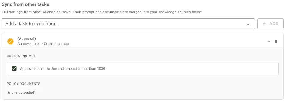 Synced approval task card showing the custom prompt that drives the examples below