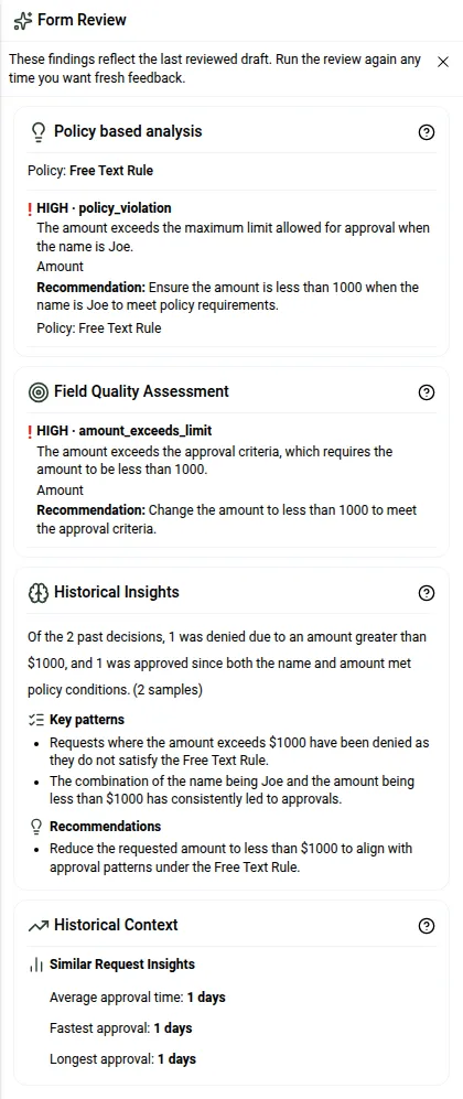 Form Review panel showing four analysis cards with a high-severity policy finding